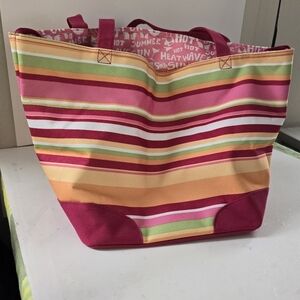 Lancome beachy tote bag measures 17 in x 10 in. colorful beachy summer phrases